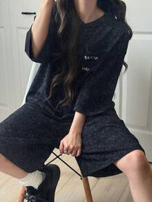 FRIFUL Women's Letter Print Drop Shoulder T-Shirt And Shorts Casual Loose 2 Pieces Set Lounge Sets For Women - Grey - View 2