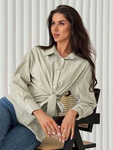 DAZY Camisa a rayas con cintura ceñida asimétrica para mujer, blusa de lino elegante de manga larga para ir a trabajar, primavera y verano - Verde - Ver 4