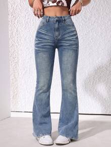 SHEIN Quần jeans ống loe cạp trung cho nữ, quần denim thường ngày và đi nghỉ mát. - Rửa trung bình - Xem 3