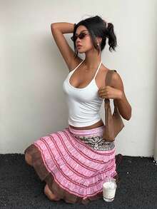 Aloruh 女士夏季新款优雅性感可爱休闲海岛度假约会椰树花卉印花拼接艺术褶皱半身裙 - 彩色 - 查看 7