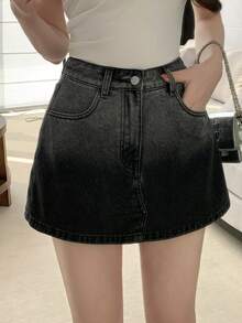 DAZY Pantalón falda de mezclilla versátil y casual con bolsillos en ángulo y efecto degradado para mujer - Negro - Ver 7