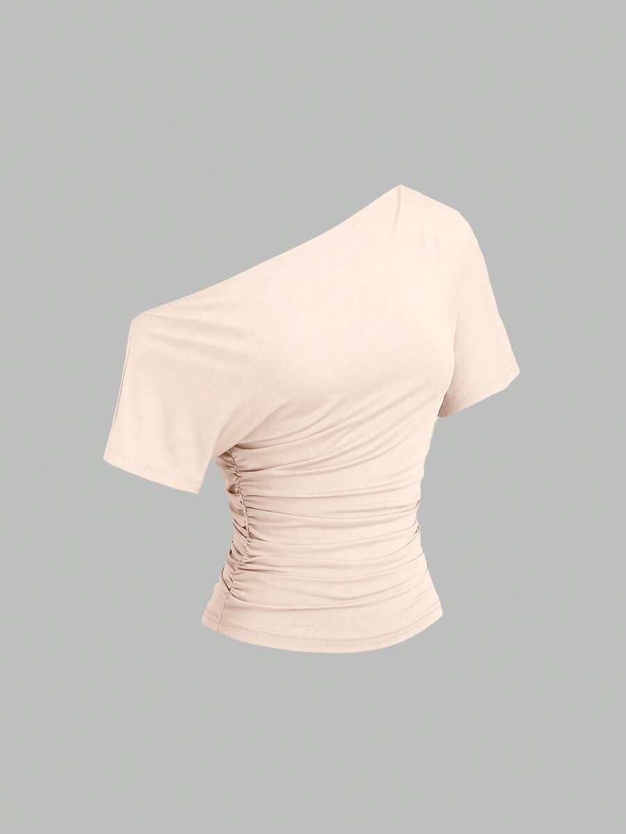 Sweetra Neuer Frühling/Sommer Damen stilvoller High Street Chic asymmetrischer Schulter figurbetonte schmale bequeme lässig Sport T-Shirt - Aprikosenfarben - Übersicht 1