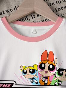 THE POWERPUFF GIRLS X SHEIN Bộ đồ thường ngày thoải mái cho bé gái tuổi teen, gồm áo thun và quần short in chữ hoạt hình ngộ nghĩnh, thích hợp đi làm, mùa hè. - trắng - Xem 6