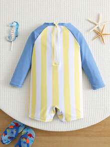 SHEIN Unisex Baby Boy Girl Cute White Yellow Striped Patchwork Long Sleeve Rash Guard Swimsuit,Sun Protection Swimwear For Summer,Vacation,Holiday,Beach - Yellow - View 2