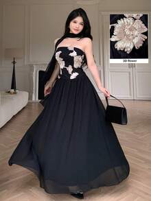 Modelyn Vestido negro con escote sin tirantes y lazo, con bordado floral elegante de gasa - Negro - Ver 3