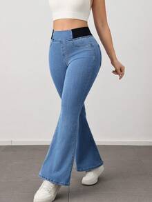 SHEIN PETITE Quần ống loe cạp cao co giãn dành cho nữ, trang phục thường ngày thanh lịch mùa hè cho nữ, quần jean xanh ôm sát ống loe thoải mái, chất liệu denim co giãn cao, trang phục công sở mùa hè, phong cách quyến rũ. - Màu xanh lam - Xem 5