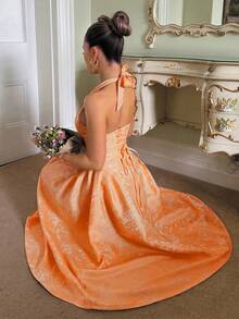 Glamine Charm Vestido acampanado sin mangas con cuello en V y estampado floral en relieve vintage para mujeres - Naranja - Ver 3