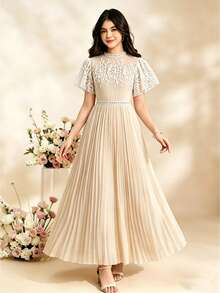 Teen Girls' Fashion Embroidered Mesh Flutter Sleeve Pleated Hem Dress,Summer Elegant Beige Lace Insert Puffy Long Party Dress For Graduation,Wedding - Apricot - View 2