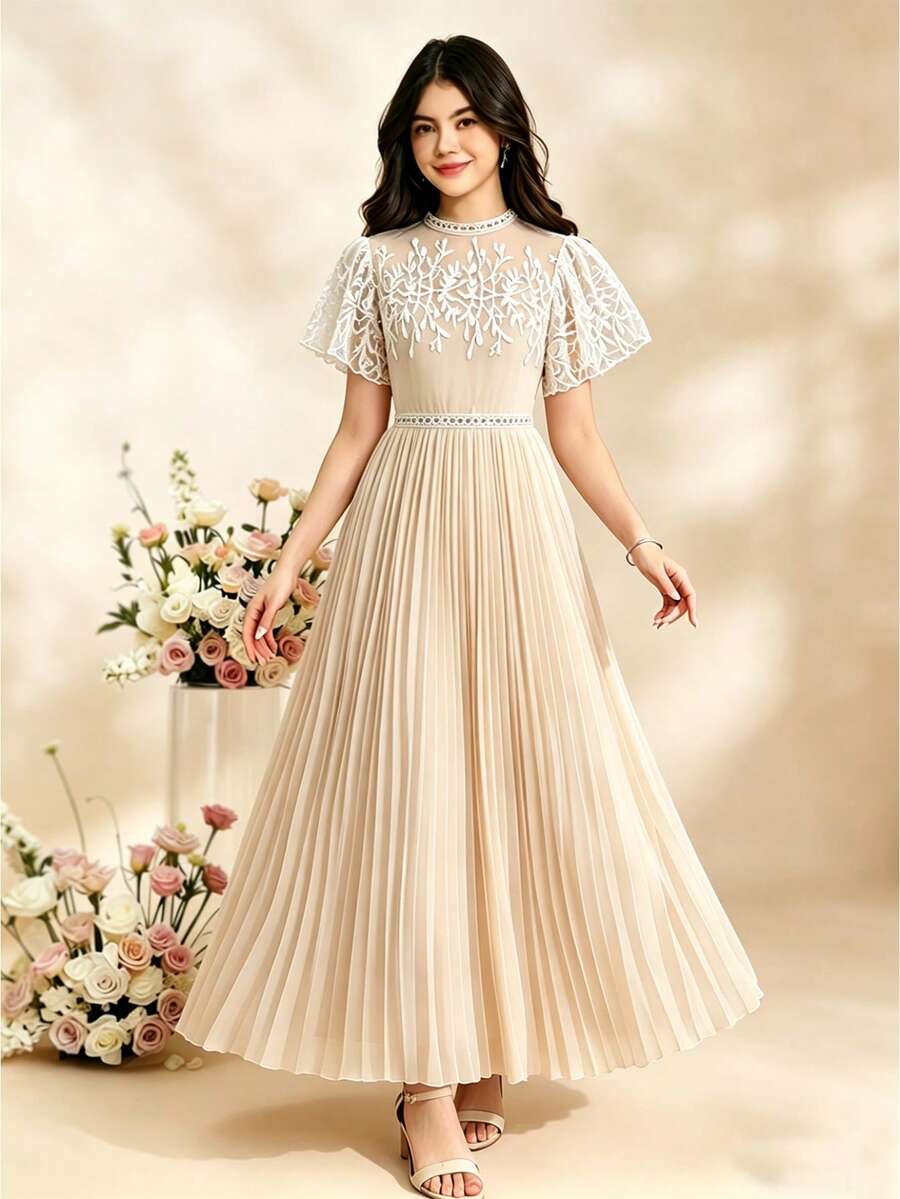 Teen Girls' Fashion Embroidered Mesh Flutter Sleeve Pleated Hem Dress,Summer Elegant Beige Lace Insert Puffy Long Party Dress For Graduation,Wedding