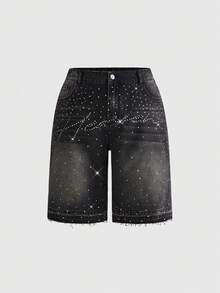 ROMWE Grunge Punk Shorts vaqueros con botones de strass para mujer de talla grande - Negro - Ver 1