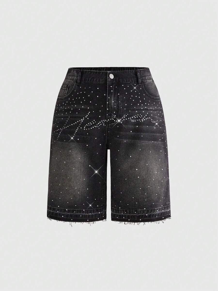 ROMWE Grunge Punk Shorts vaqueros con botones de strass para mujer de talla grande - Negro - Ver 1