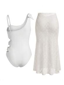 Swim Oasis Plus Size Solid Color Minimalist Curve Sexy One-Piece Swimsuit Beach White Summer - White - View 2