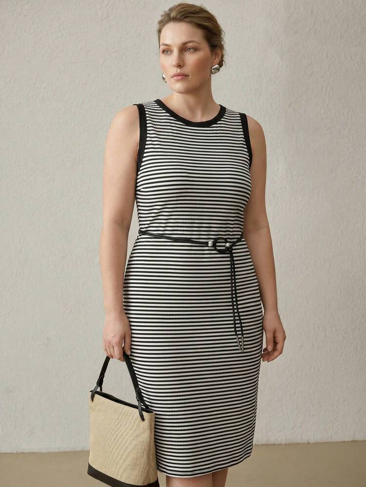PLUS BLACK & WHITE STRIPED CONTRAST COLOR ELASTIC KNIT SLEEVELESS MIDI DRESS FOR WOMEN, CASUAL SUMMER
