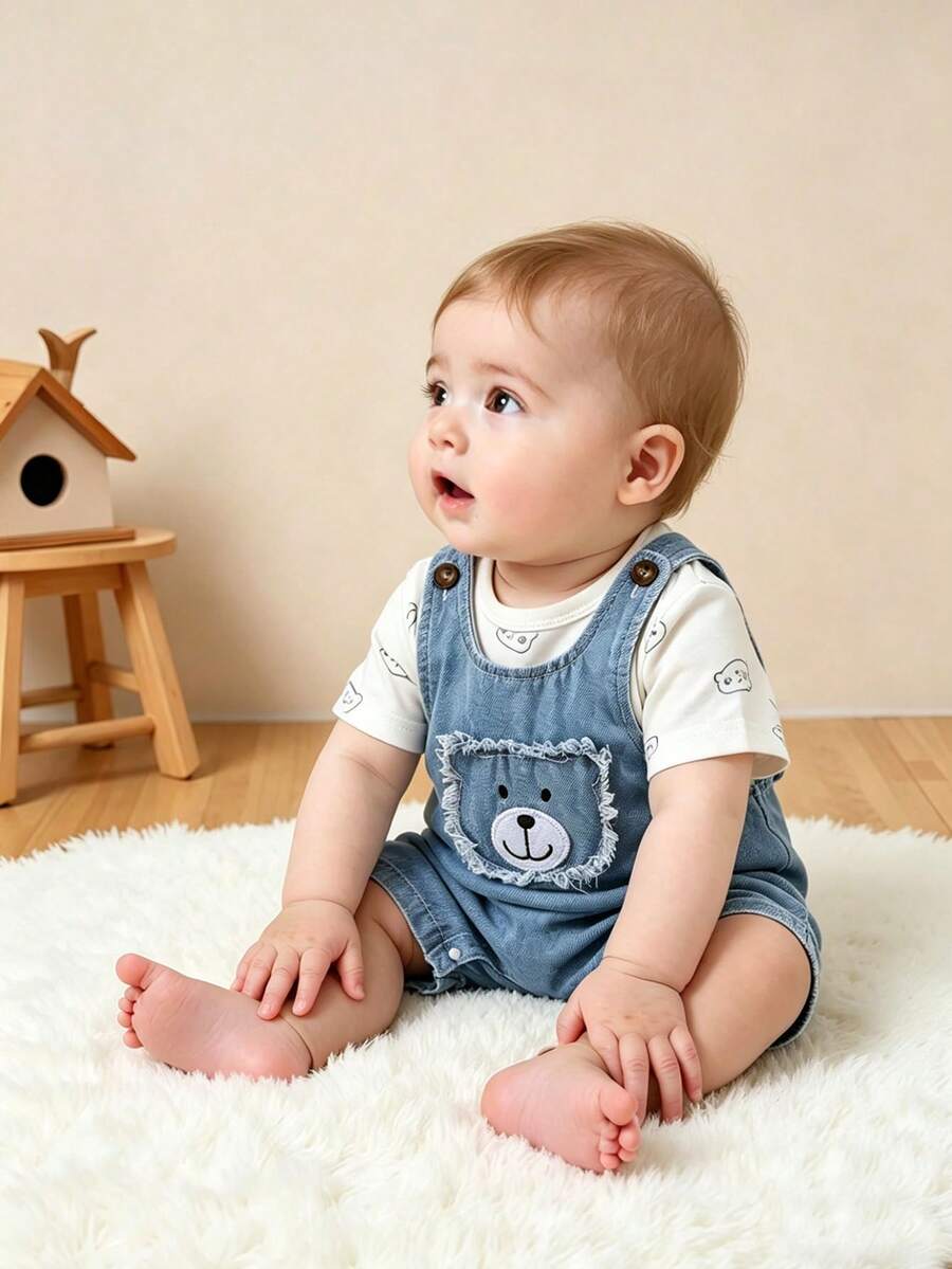 SHEIN 2pcs Baby Boys/Girls Blue Summer Cute Family Matching Bear Print Top&Embroidered Denim Overalls Set,Soft Short Sleeve Open Shoulder Birthday Outfit - Blue - View 1