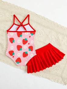 SHEIN Baby Girls' Strawberry & Daisy Print Swimsuit With Ruffled Skirt, Soft & Stretchy Fabric, Suitable For Swimming, Beach, Pool, Summer Vacation - Red - View 2
