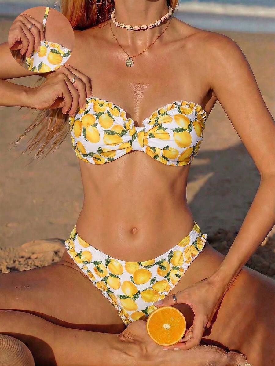 Swim Mod 甜美活力风女士比基尼两件套,白色和黄色柠檬印花,挂脖系带荷叶边,带衬垫罩杯,高腰泳裤,甜美活力风,适合春季复活节海滩泳池派对假日穿着。 - 黃色 - 查看 1