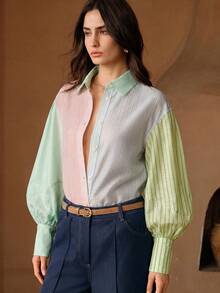 Anewsta Áo polo tay dài dáng phồng phối sọc nhiều màu sắc bất đối xứng phong cách Urban Chic Dopamine dành cho nữ. - Nhiều màu - Xem 7