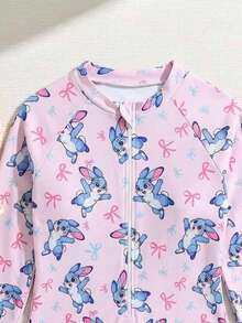 SHEIN 女童休闲简约圆领长袖连体泳衣，霓虹爱心印花，适合夏季穿着 - 藍白色 - 查看 3