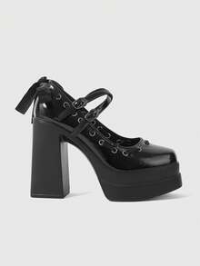ROMWE Giày cao gót đế xuồng màu tối bóng bẩy, gợi cảm và thời trang dành cho nữ, kiểu dáng Gothic Punk với dây buộc nơ ren, thiết kế khóa cài kim loại co giãn, phù hợp cho các câu lạc bộ đêm, tiệc tùng và kỳ nghỉ. - màu đen - Xem 2