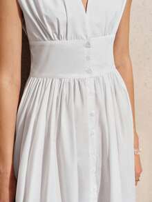 BELROSIE Elegant White Summer Deep V-Neck Sleeveless Dress,High Waist Front Button Ruched Design,Fluffy Pleated Hem,Minimalist Modern Tea Party Beach Holiday - White - View 2