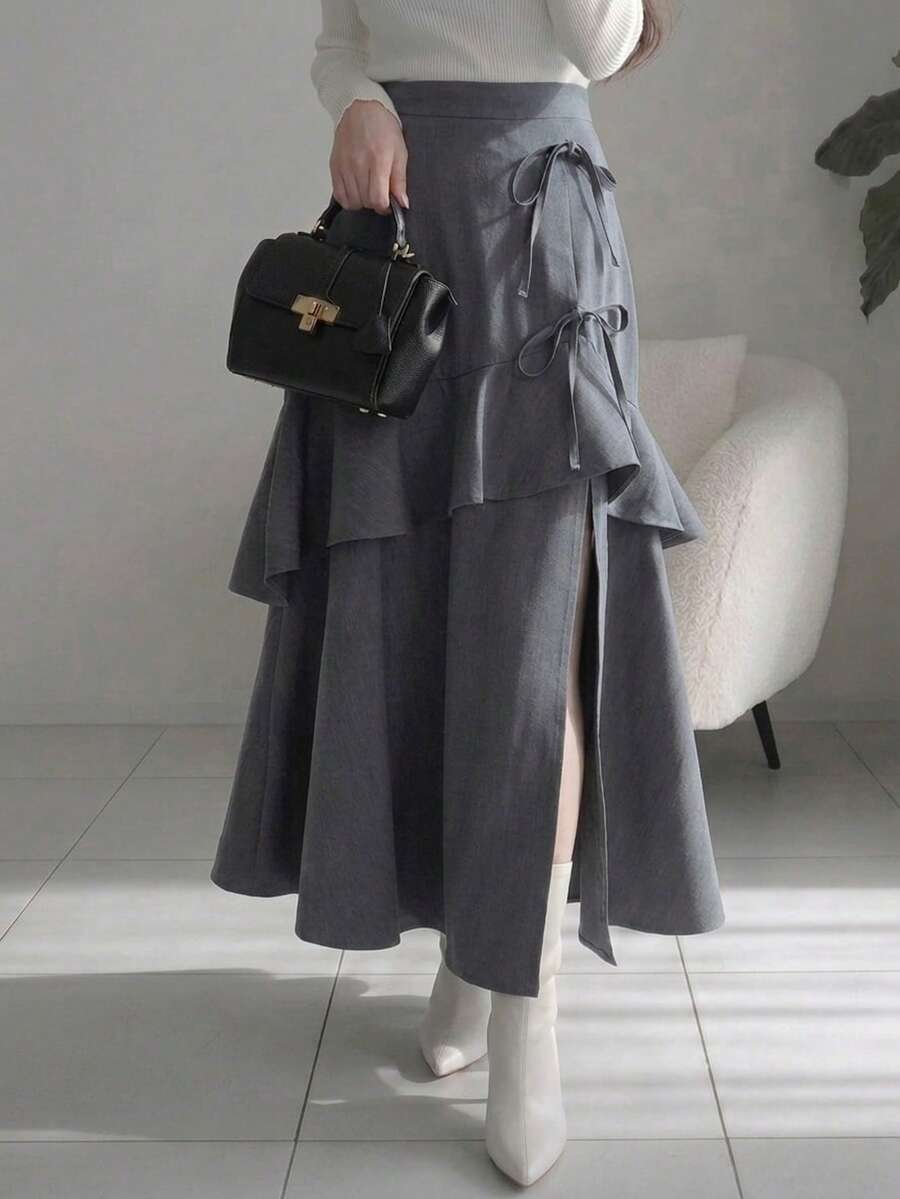 FRIFUL Chân váy nữ nhiều lớp xếp tầng, vạt bất đối xứng, phối nhiều mảnh. - Xám - Xem 1