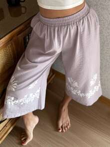 DAZY Bas de pyjama capri à jambes larges avec imprimé rétro pour femmes, convient pour les vacances à la plage - Mauve - Voir 5