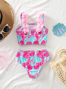 SHEIN 女童针织贝壳图案3D立体花卉可爱吊带背心和泳裤两件套 - 彩色 - 查看 4