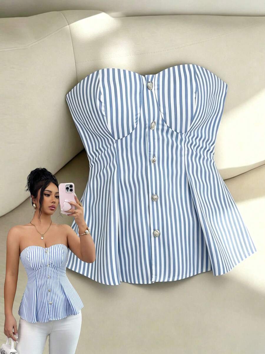 SHEIN Elenzya Best-Selling Women's Blue & White Striped Cropped Camisole Top With Waist Cinching Design, Metal Decor, Casual Elegant Sleeveless Vest - Blue and White - View 1