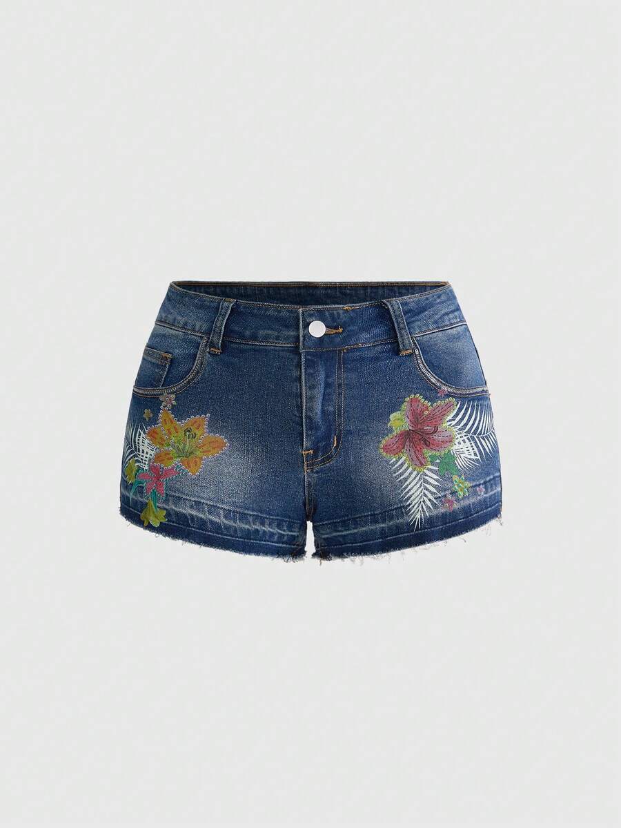 ROMWE Quần short denim cạp thấp gợi cảm phong cách Y2K in họa tiết hoa dâm bụt, đính sequin, kiểu dáng Hawaiian Beach Resort dành cho nữ. - Màu xanh lam - Xem 1