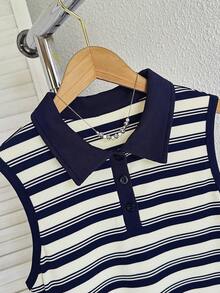 MYSTAURA Đầm dệt kim ngắn không tay ôm sát, cổ polo, kẻ sọc kiểu đại học - Nhiều màu - Xem 4