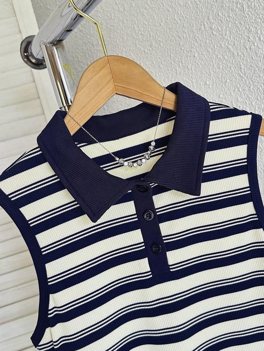 Franclia Preppy Striped Polo Collar Sleeveless Cinched Waist Fitted Short Knit Dress - Multicolor - View 1