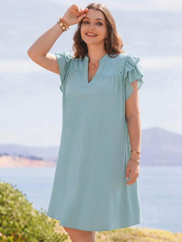Plus Size Women's Summer Casual Vacation Country  Solid Green Embroidered Hollow-Out Patchwork   Ruffle Short Sleeve  Dress,Suitable For Summer Vacation,Casual Holiday Style,Summer Outfits For Women ,Vacation Outfits Women ,Holiday Outfits For Women,Going Out Outfits, New Clothes,Simple And Fashionable For Everyday Wear,Suitable For Summer, Vacation, Daily Wear, Festival Outfits For Women,Country Concert Outfit,Beach Outfits For Women,Western Style,Flowy Dress,Boho Dress