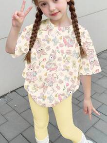 少女田園風兔子與花卉印花2件套，短袖上衣與內搭褲夏季套裝，Cottagecore家庭套裝少女外出服 - 彩色 - 查看 2