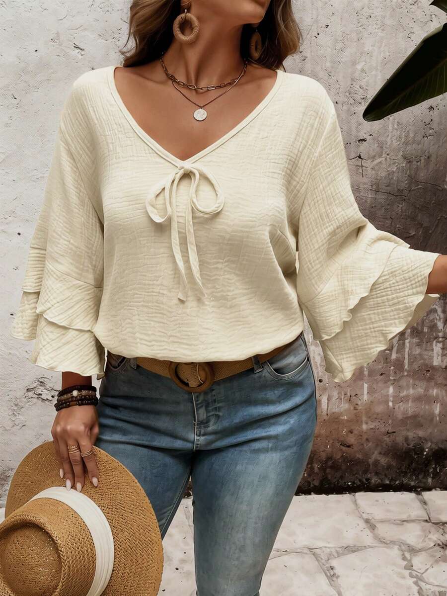 SHEIN LUNE Áo sơ mi nữ cỡ lớn dáng rộng, chất liệu vải dệt, màu vàng, tay loe hai lớp - Màu be - Xem 1