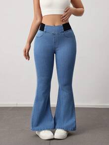 SHEIN PETITE Quần ống loe cạp cao co giãn dành cho nữ, trang phục thường ngày thanh lịch mùa hè cho nữ, quần jean xanh ôm sát ống loe thoải mái, chất liệu denim co giãn cao, trang phục công sở mùa hè, phong cách quyến rũ. - Màu xanh lam - Xem 3