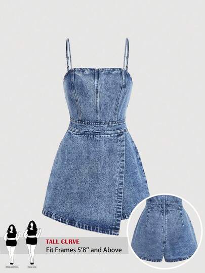SHEIN Tall CURVE Bộ áo liền quần denim hai dây dành cho nữ cỡ lớn CURVE, trang phục thường ngày và mùa hè.
