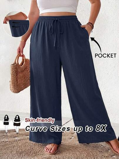 SHEIN CURVE+ Plus Size Women Summer Casual Beach Outfits, Fashion Business Commute Elegant Wide-Leg Pants With Pockets, Lotus Pink,Summer Pantssummer/Country/Beach Vacation Outfits/Beach Outfits/Beach Wear