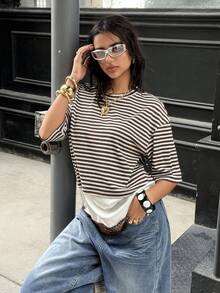 Muchica Brown Stripe Stripe Knit Patchwork Satin Lace Women T-Shirt Everyday Summer Casual Streetwear Back-To-School Student Daily - Multicolor - View 3