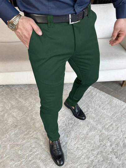 Manfinity Mode Men's Casual/Business Solid Color Slant Pocket Suit Pants