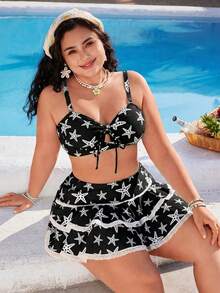 Swim Mod 3pcs/Set Plus Size Women's Star Print Cute Swimwear Set For Summer - Black and White - View 7
