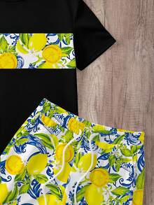 Manfinity Joysei Men's Summer Casual Beach Vacation Lemon Print Short Sleeve T-Shirt And Drawstring Waist Shorts Set - Black - View 3