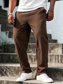 Manfinity Homme Pantalones casuales de algodón puro de talla grande para hombres con bolsillos en diagonal y cordón en la cintura - Café integral - Ver 5