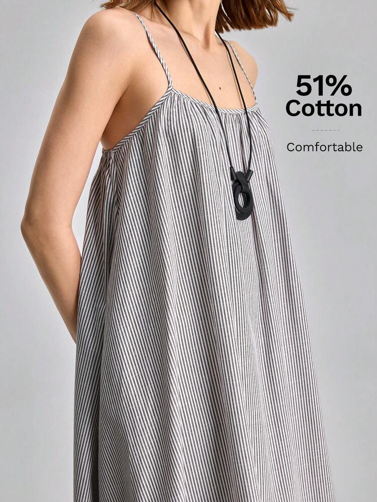 Women's Striped Pocket Loose Strap Dress