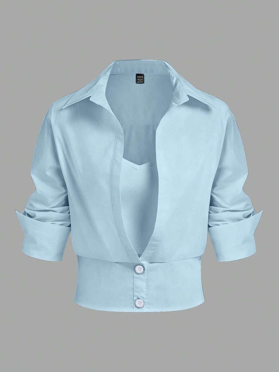 EMERY ROSE Women's Solid Color Button-Down Long Sleeve Casual Shirt - Baby Blue - View 1