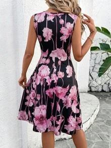 Editum 女士新款优雅V领印花针织收腰中长连衣裙，适合日常通勤及多种场合 - 玫紅色 - 查看 4
