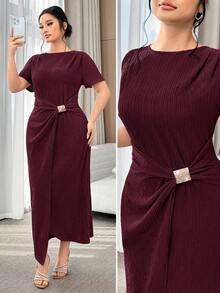 Modelyn Plus Size Elegant Solid Color Wrap Dress, Summer - Burgundy - View 1
