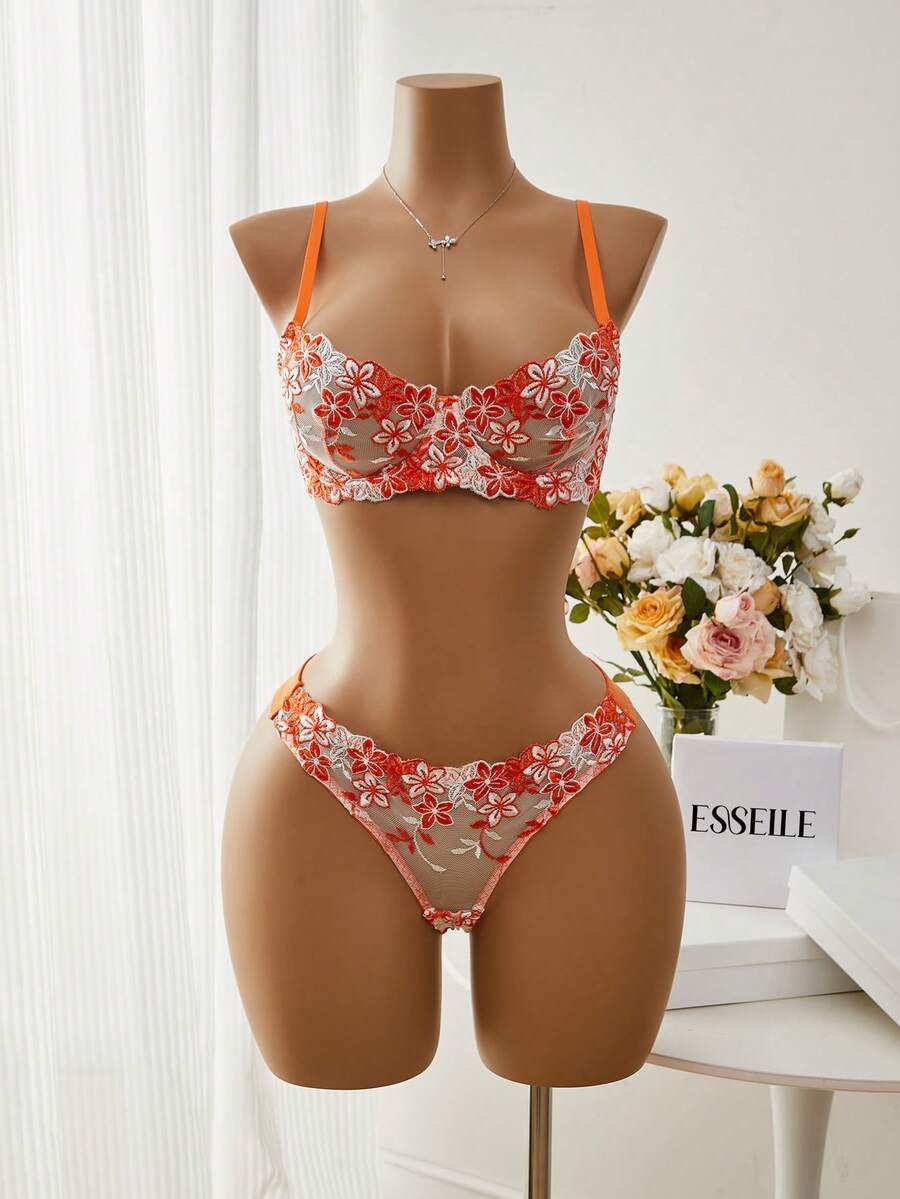 Esselle 2件套粉色浪漫女士钢圈文胸和内裤套装,内衣 - 橘色 - 查看 1