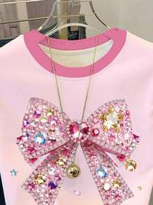 Tween Girls' Casual Cute Sweet Shiny Bow Graphic Cream Pink Round Neck Short Sleeve T-Shirt, Suitable For Summer - Multicolor - View 3