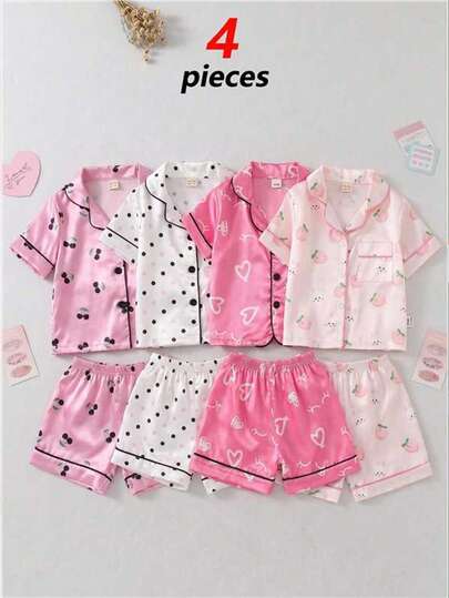 SHEIN Conjunto de 4 piezas para niñas bebé: Cárdigan elegante y cómodo de tela de seda sintética con estampado de lunares y dibujos animados, blusa de manga corta, pantalones cortos y pijama, atuendo para el hogar