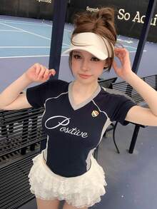 DAZY 休闲学院风字母印花短款露脐T恤，运动衫，音乐节街头服饰，度假户外短袖T恤，女士春夏Y2K风格 - 藏蓝色 - 查看 6